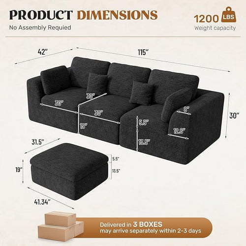 115" Cloud Boneless Sectional Couch, Deep Seat L Shaped Modular Couch with Ottoman, Oversized Upholstered Convertible 4 Seater Modular Sofa for Living Room,Black Chenille
