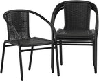EMMA + OLIVER Set of 4 Modern Rattan Indoor/Outdoor Stack Chairs, Stacking Rattan Patio Chairs with Curved Back and Cross Bracing, Black