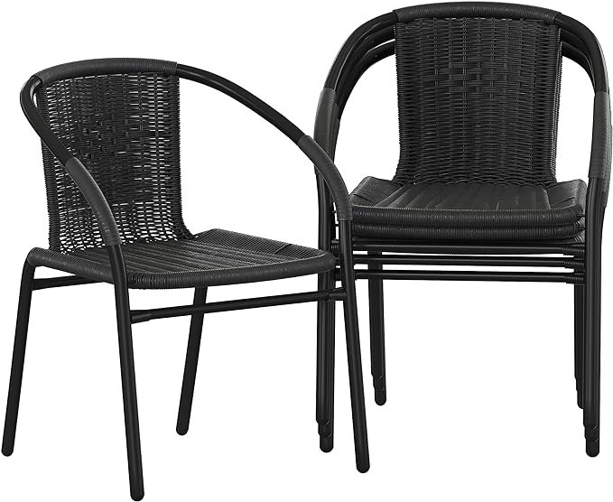 EMMA + OLIVER Set of 4 Modern Rattan Indoor/Outdoor Stack Chairs, Stacking Rattan Patio Chairs with Curved Back and Cross Bracing, Black