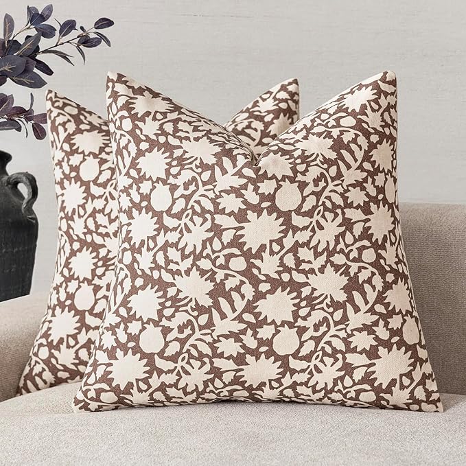 Foindtower Set of 2 Decorative Neutral Floral Throw Pillow Covers Accent Farmhouse Cushion Covers Boho Vintage Pillowcase for Couch Sofa Bedroom Living Room Home Decor,22×22 Inch,Brown