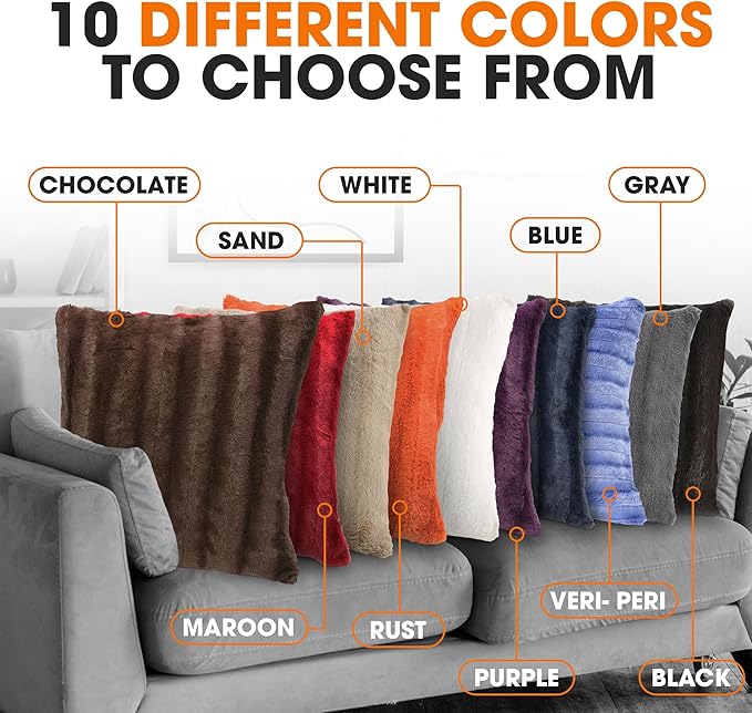 Cheer Collection Faux Fur Throw Pillows - Decorative Pillows for Couch, Bed Throw Pillows, Chocolate Accent Pillows for Bedroom or Living Room Aesthetic, Set of 2 Furry Throw Pillows, 22" x 22"