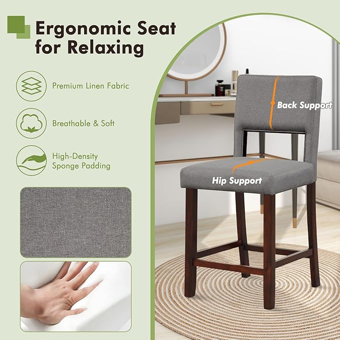 COSTWAY Bar Stools Set of 2, Linen 24.5 Inch Counter Height Chairs with Hollowed Backs, Rubber Wood Legs, Upholstered Barstools for Kitchen Island Home Bar Pub Dining Room, Grey