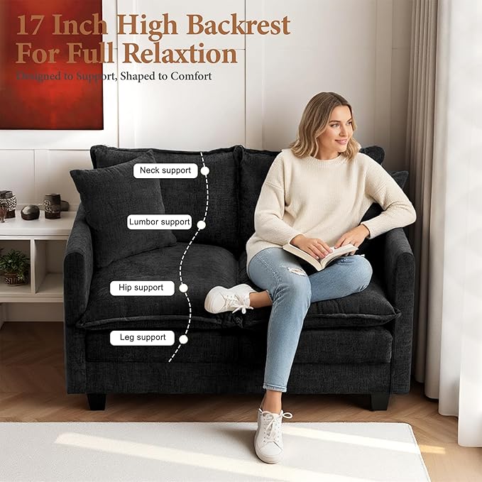 50" Loveseat Sofa Cloud Couch Small | Mini Chenille Love Seat Couches with 2 Pillows | 27.16" Deep Seat for Small Spaces Bedroom Dorm Apartment | Black