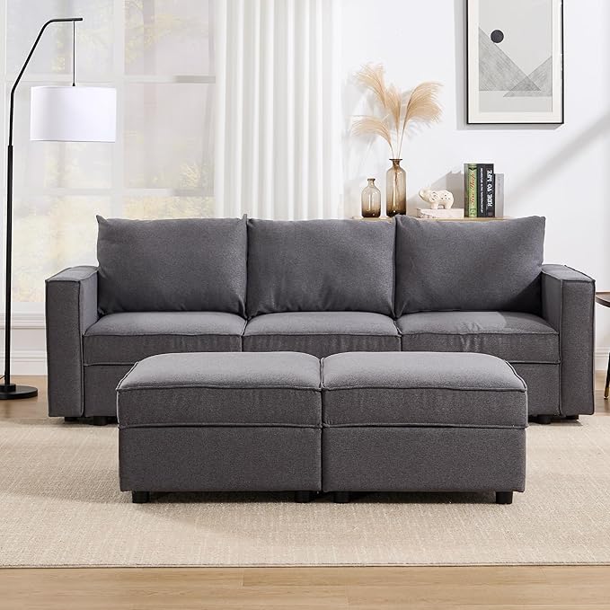 90 Inches Cloud Modular Sectional Sofa, U Shaped Linen Couch with Reversible Chaise, 3 Seater Convertible Comfortable Sofa Couch for Living Room/Apartment, Grey
