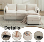 80" Cloud Modular 3 Seater Sofa with Storage Ottoman, Modern Upholstered Storage Sofa Couch Deep Seat, L Shape Sectional Sofa Chenille Comfy Couch with Armrests for Living Room, Small Space, Beige