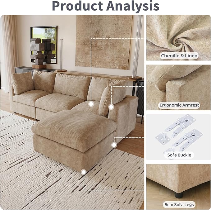 Modular Sectional Sofa with Ottoman,134inch U Shaped Convertible Cloud Couch,8 Seater Convertible V Shaped Living Room Sets,Cover Washable and Replaceable Couches for Living Room,Khkai