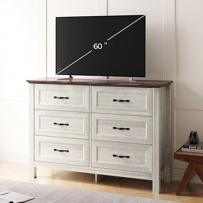 LINSY HOME Dresser for Bedroom with 6 Drawers, Wide Chest of Deep Drawers with Metal Handle, Wooden Bedroom Dresser with Storage Organizer for Closet, Living Room, Hallway, Beige