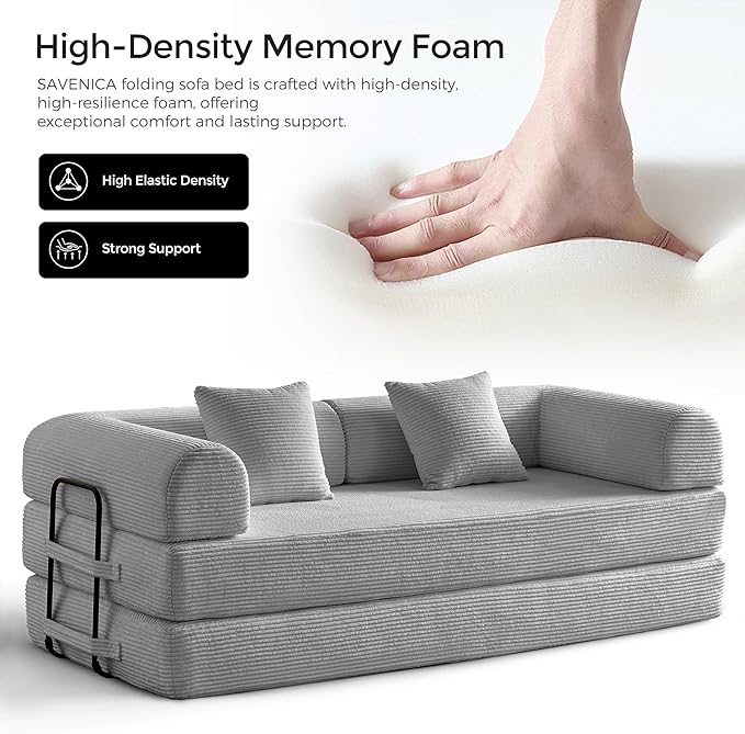 79" Convertible Sofa Bed with Fixed-Shape Frame & Removable Armrests, Modular Corduroy Sleeper Sofa, Folding Mattress Couch for Small Spaces - No Assembly Needed in Light Gray (Includes 2 Pillows)