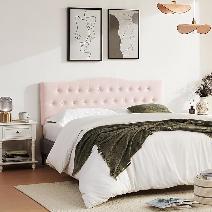 Tufted Upholstered Headboard King Size, Sturdy and Durable Solid Wood Bed headboard, Fabric Headboard Adjustable Height from 37” to 51”, Modern Button Diamond Design Head Board, Pink
