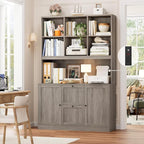 HIFIT 72'' Tall File Bookcase with Power Outlet & Printer Stand, 2 Drawer Filing Cabinets for Home Office Hanging A4 File, Storage Cabinet w/ 3 Tier Open Book Shelf & Doors for Living Room, Ash Grey