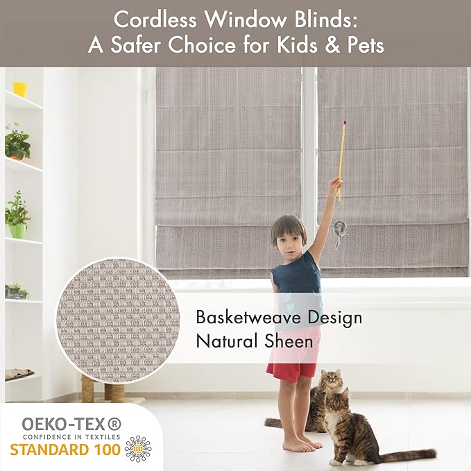 Madison Park Galen Cordless Roman Shade, 33"W x 64"H, Sheen Taupe – Room Darkening, Thermal Insulated, Energy Efficient Window Blind with Subtle Sheen Basketweave Fabric for Privacy