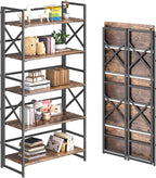 4NM 5 Tiers No Assembly Book Shelves, 51.2" H Folding Bookshelf Bookcase Open Industrial Foldable Shelves for Bedroom, Living Room, Home Office - Rustic Brown Black