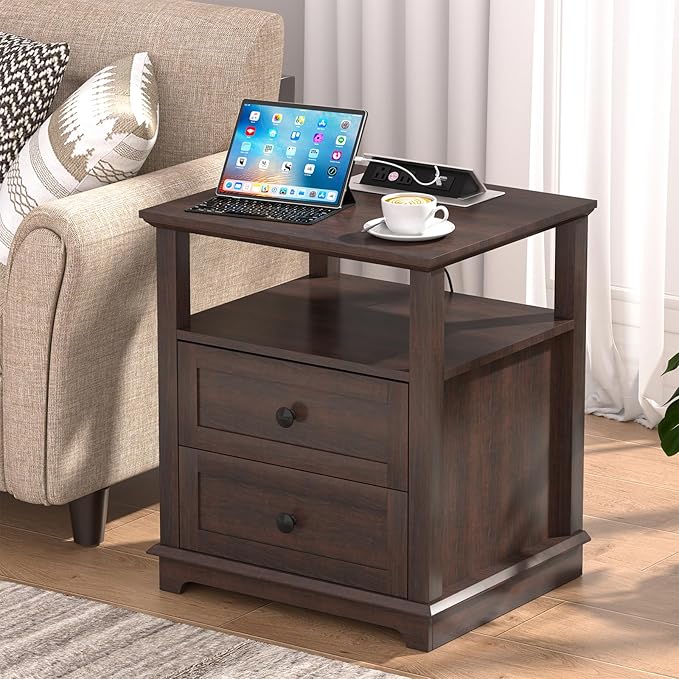 HIFYOBRO 24" Tall End Table with 2 Drawers and Charging Station, Type-C & USB Port & Power outlets, Wooden Storage Cabinet, 21" W Large Side Table with Storage for Living Room and Bedroom (Espresso)
