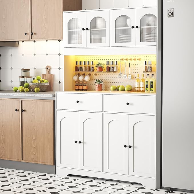 70" Pantry Cabinet with Pegboard, Kitchen Pantry Storage Cabinet with Shelves & Drawer, Adjustable Shelves, LED Light & Power Outlets for Dining Room (White)