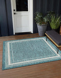 Unique Loom Outdoor Border Collection Area Rug - Soft Border (7' 10" Square, Teal/ Ivory)