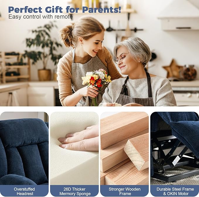 HUSFU Oversized Power Lift Recliner Chairs for Elderly with Massage and Heat, Wide Recliners Chair,Upgraded Chenille Lift Chairs w/Cup Holders, USB & Type-C Ports,Blue,1PC