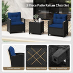 Tangkula 3 Piece Patio Furniture Set, Rattan Conversation Set w/Soft Seat & Back Cushions, Tempered Glass Topped Coffee Table, Cushioned Wicker Seating Set for Backyard, Porch, Poolside