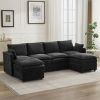 105" Cloud Modular 4 Seater Sofa with 2 Storage Ottoman, Modern Upholstered Sofa Storage Sofa Couch Deep Seat, U Shape Sectional Sofa Chenille Comfy Couch with Armrests for Living Room, Black