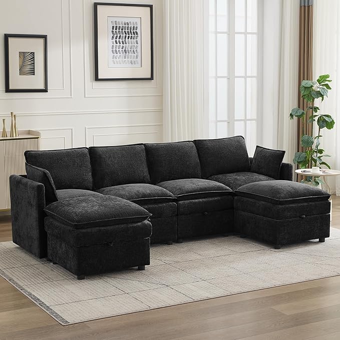 105" Cloud Modular 4 Seater Sofa with 2 Storage Ottoman, Modern Upholstered Sofa Storage Sofa Couch Deep Seat, U Shape Sectional Sofa Chenille Comfy Couch with Armrests for Living Room, Black