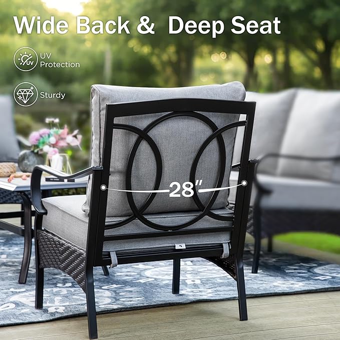 Patio Furniture Set with 56" Fire Pit Table, Premium Outdoor Wicker Metal Frame Furniture with Upgraded Waterproof Thick Cushions for Porch, Poolside, Deck, and Yard