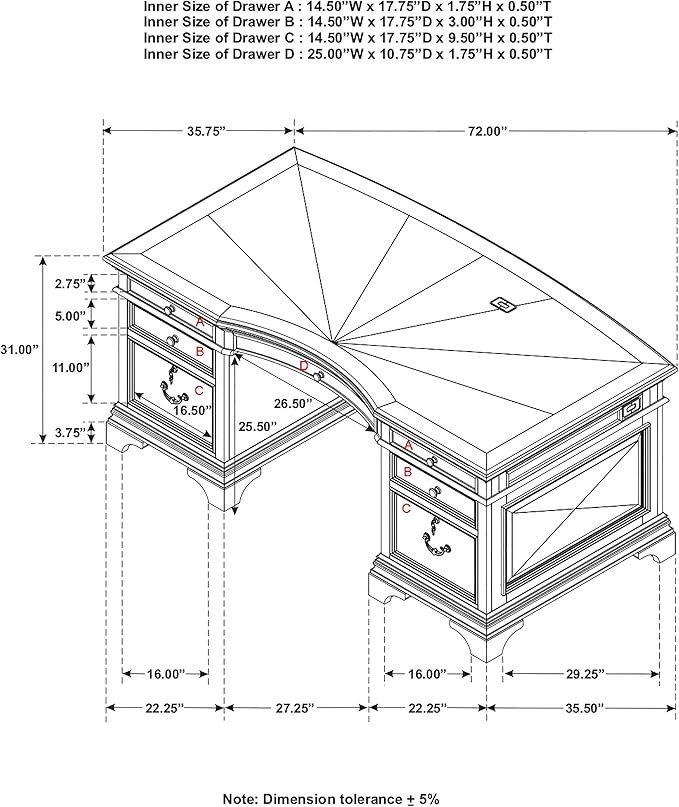 Coaster Home Furnishings - Hartshill - Wood - 72-Inch 7-Drawer Executive Desk with 2 Lockable File Cabinets, Removable Dividers, and Bronze Hardware - Home Office - Burnished Oak - 881281