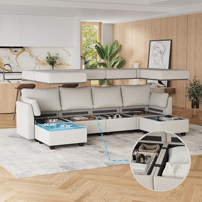114.17" Modular Sectional Sofa, 6 Seat Sectional Couches with Storage, Memory Foam, Convertible Modular Couch for Living Room, U Shaped Comfy Modular Sofa with Chaise, Light Grey