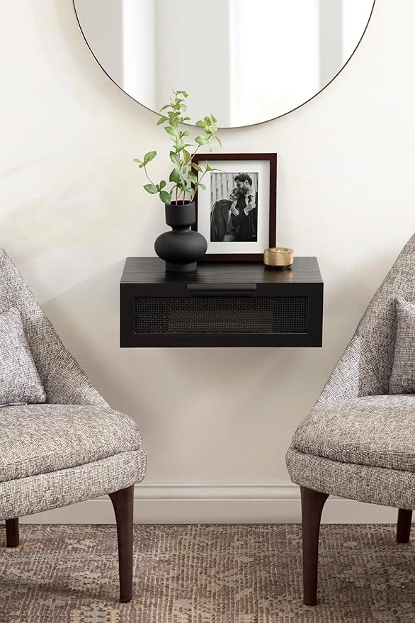 Kate and Laurel Ori Transitional Cane Rattan Floating Side Table with Pull-Out Storage Drawer, 18x13x6, Black