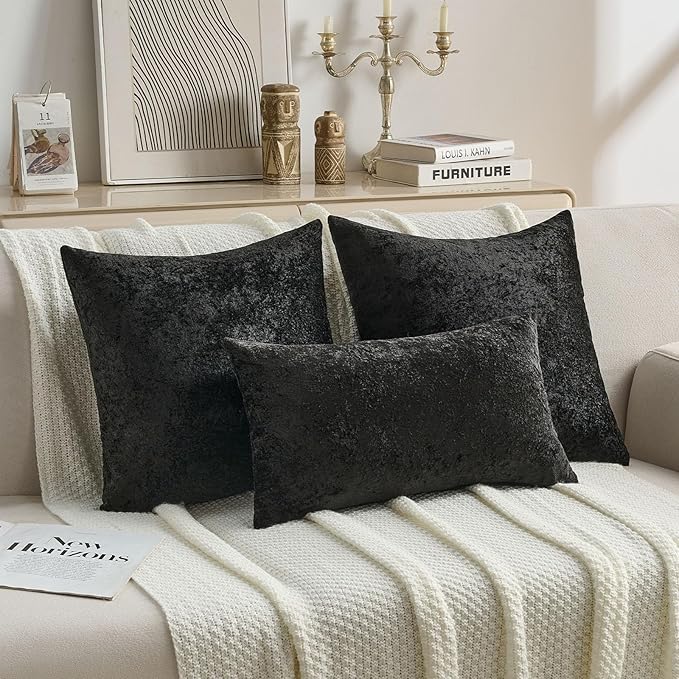 FUTEI Black Flannel Throw Pillow Covers 26x26 Inch Set of 2,Soft Dimensional Textured Euro Pillow Shams,Modern Home Decor for Couch Living Room