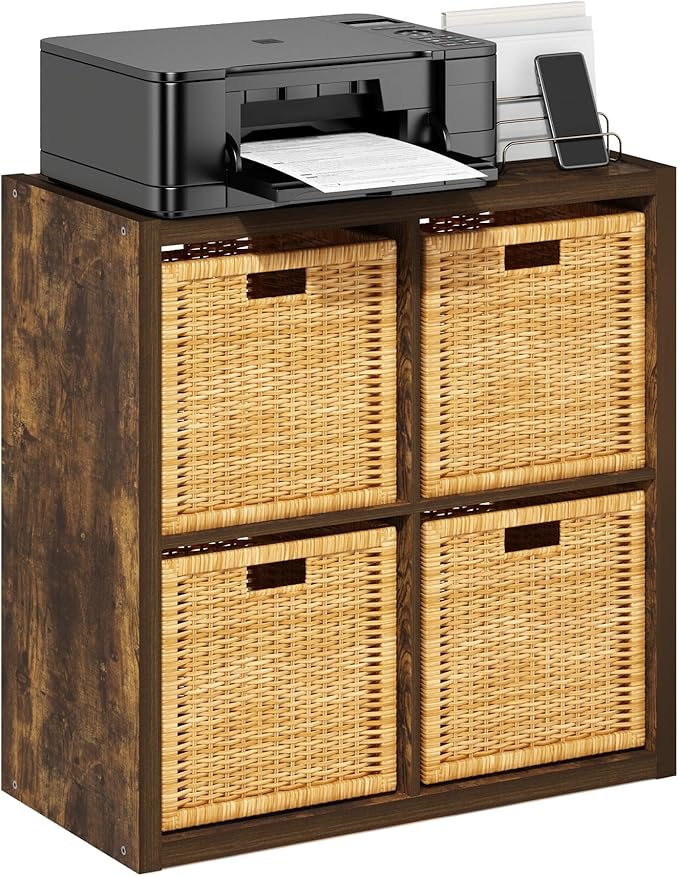 Furinno Cubicle Book Shelf, 4-Cube Bookself, Thick Frame Bookcase with Reversible Open Back, 14.6 x 30 x 30, for Living Room, Bedroom, Home Office, Amber Pine