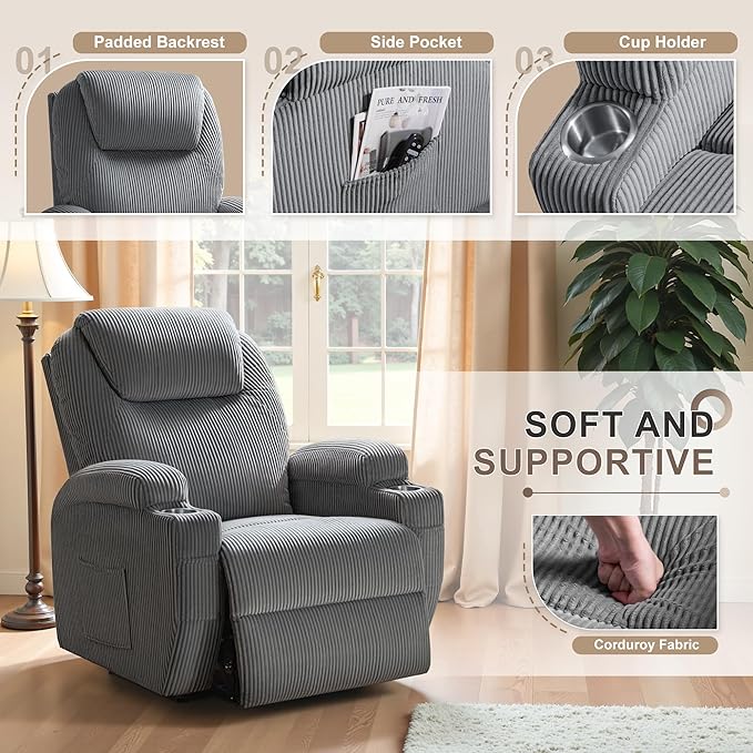 Flamaker Power Lift Recliner Chair Electric Lift Recliner for Elderly Power Lift Recliner Chair with Cup Holders Side Pockets for Living Room (Corduroy, Dark Gray)
