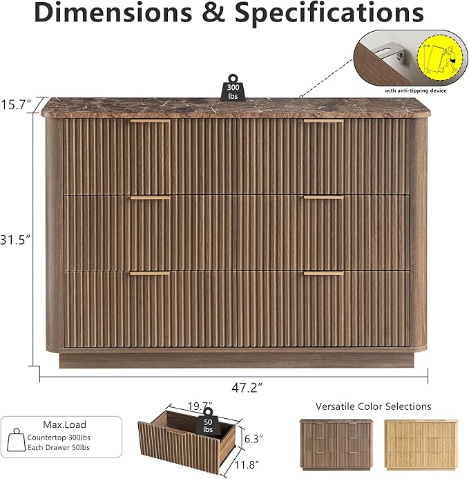 win2win 6 Drawer Dresser, Mid Century Modern Dresser with Storage, 47" Wide Fluted Chest of Drawers with Faux Marble Top, Dressers TV Stand, Drawers Organizer for Bedroom, Living Room, Hallway Walnut