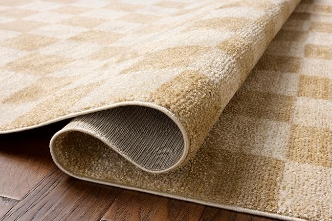 Loloi Chris Loves Julia Calvin Collection CLV-01 Wheat/Ivory 5'-3" x 7'-6" Area Rug Checkered Neutral Soft Living Room Bedroom Carpet