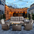 HUMMUH 5-Piece Patio Furniture Set with Fire Pit,Wicker Outdoor Swivel Rocker Chairs Patio Sofa for Backyard,Poolside,Deck,Brown Grey