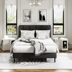 Full Size Platform Bed Frame with Modern Upholstered Headboard, Wooden Slats Support, Noise Free, No Box Spring Needed, Easy Assembly, Dark Grey, Linen
