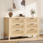 GarveeHome Fluted 6 Drawer Dresser for Bedroom, 47.4 in Wide Mid Century Modern Chest of Drawers, Wooden Fluted Dresser Chest with Clothes Storage Cabinet, Drawer Organizer for Living Room, Natural