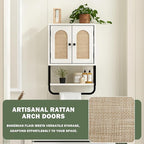 RUSTOWN Rattan Bathroom Wall Cabinet, Boho Over The Toilet Storage Cabinet with Arched Rattan Doors, Modern Medicine Cabinet with Adjustable Shelves & Towel Bar(Vintage White,Small)