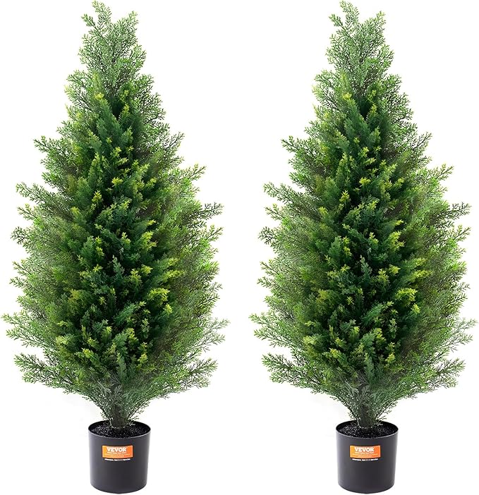 VEVOR Artificial Topiary Cedar Tree, 36 inch Tall (2 Pieces), with Extra Leaves & Pot Faux Evergreen Fake Pine Cypress Trees Plant, UV Rated Artificial Greenery Set for Home Decor Indoor/Outdoor