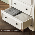 Farmhouse 6 Drawer Dresser, 48" Tall White Dresser with Natural Texture & Metal Handles, Storage Drawer Chest for Bedroom, Living Room, Hallway, Vintage Design (Antique White)