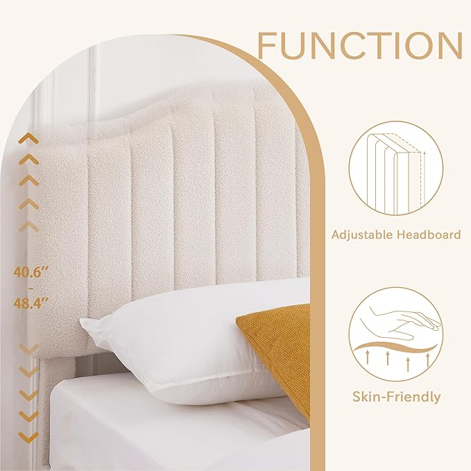 VECELO Twin Bed Frame Upholstered Platform Bed Frame with Height Adjustable Teddy Fabric Headboard, Strong Wood Slats Supports 7.9'' Under Bed Space Noise Free No Box Spring Needed, Cream