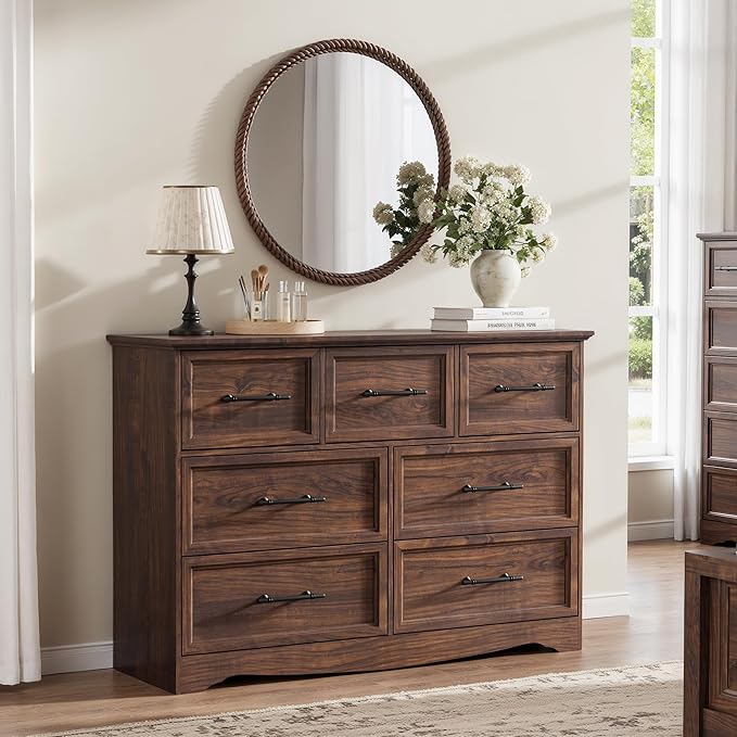 Walnut Farmhouse Dresser for Bedroom, Modern 7 Chest of Drawers, 47" Wide Chest of Drawers with Metal Handle, Wood Dresser TV Stand and Storage Cabinet for Bedroom, Living Room
