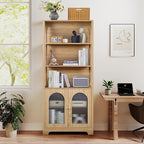 RARZOE 71" Tall Bookshelf and Bookcase, 5-Tier Arched Bookshelf with Glass Doors, Floor Standing 5 Shelf Book case, Wood Display Cabinet Storage Organizer for Living Room, Bedroom, Office(Natural)