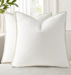 decorUhome Chenille Soft Throw Pillow Covers 18x18 Set of 2, Farmhouse Velvet Neutral Decorative Euro Pillow Covers with Stitched Edge for Couch Sofa Bed Home Decor, Cream White