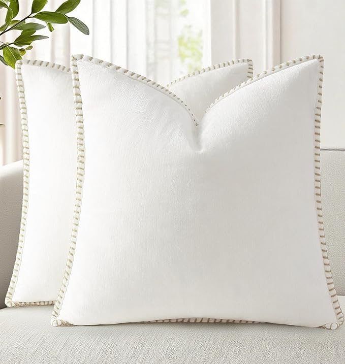 decorUhome Chenille Soft Throw Pillow Covers 26x26 Set of 2, Farmhouse Velvet Neutral Decorative Euro Pillow Covers with Stitched Edge for Couch Sofa Bed Home Decor, Cream White