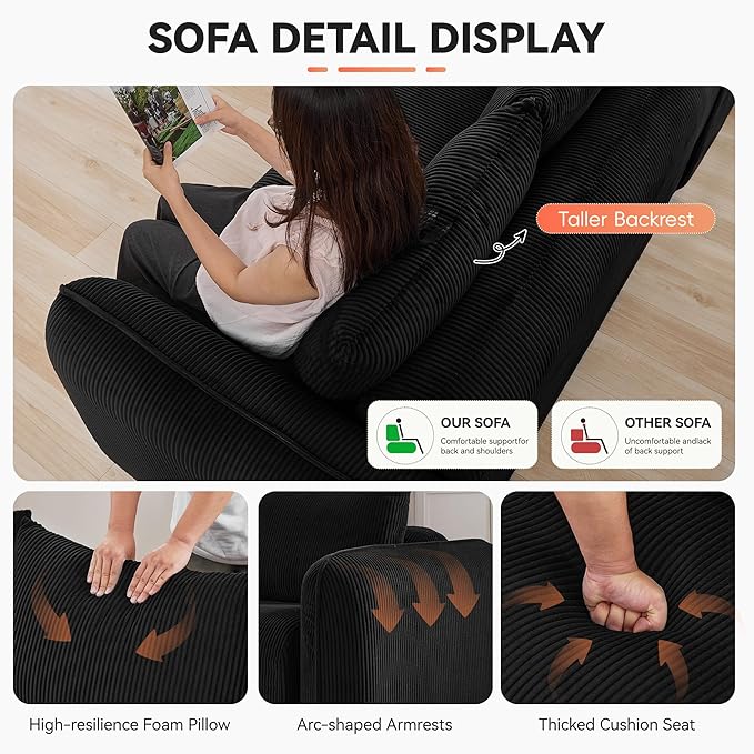 103'' Boneless Corduroy L Shaped Couch, 3 Seat Modular Sectional Deep Seat Sofa with Chaise Lounge, No Assembly Cloud Lounge Sleeper Sofa, Black