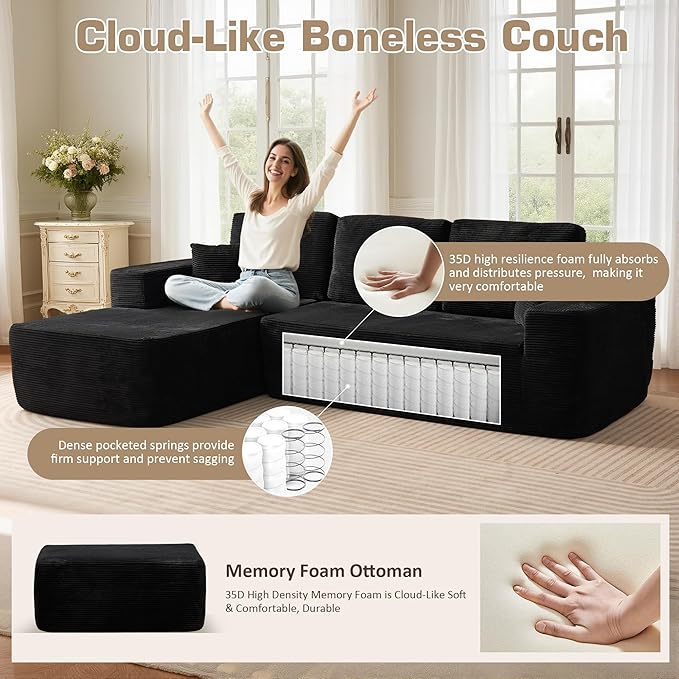 106" Cloud Sectional Couch with L-Shape Chaise & Ottoman, No Assembly Modular Sofa, Deep Seat Corduroy Boneless Couched for Living Room (Black Stripe Corduroy, Left Facing Chaise with Ottoman)