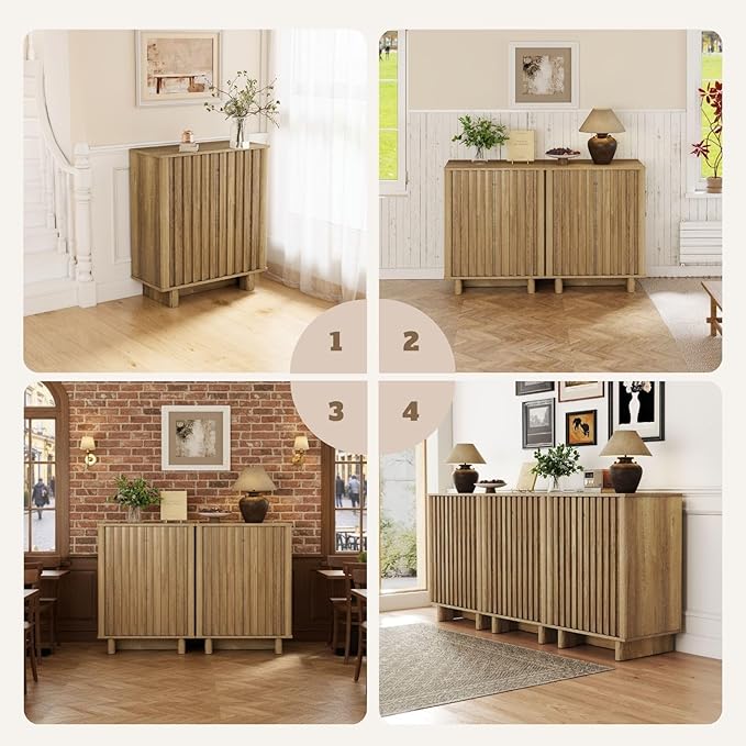 LukeAlon Fluted Sideboard Cabinet, Farmhouse Boho Accent Buffet Cabinet with Storage, 47" Wooden Credenza Hallway Cabinets for Living Room Dining Room Entryway, Natural Wood Color