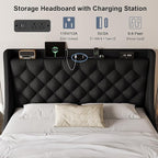 Queen Size Upholstered Platform Bed Frame with 4 Storage Drawers and Charging Station, Linen Button Tufted Wingback Headboard, Sturdy Wooden Support Slats, No Box Spring Needed, Black