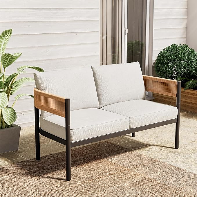 Gand Patio Outdoor Loveseat,Wicker Conversation Set with Thick Cushion for Porch, Garden, Yard, Natural