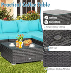 Tangkula 7 Pieces Patio Furniture Set, Patiojoy All-Weather Outdoor Rattan Sectional Sofa Set with Cushions and Tempered Glass Coffee Table, for Garden, Lawn, Backyard (Turquoise)