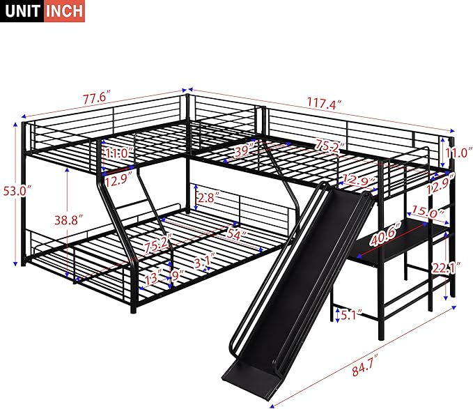 L-Shaped Twin Over Full Bunk Bed with Twin Size Loft Bed Frame Have Desk/Slide/Integrated Ladder/Full-Length Guardrails/Metal Slats Support/Easy to Assemble,for Adult Boy Girl,Black